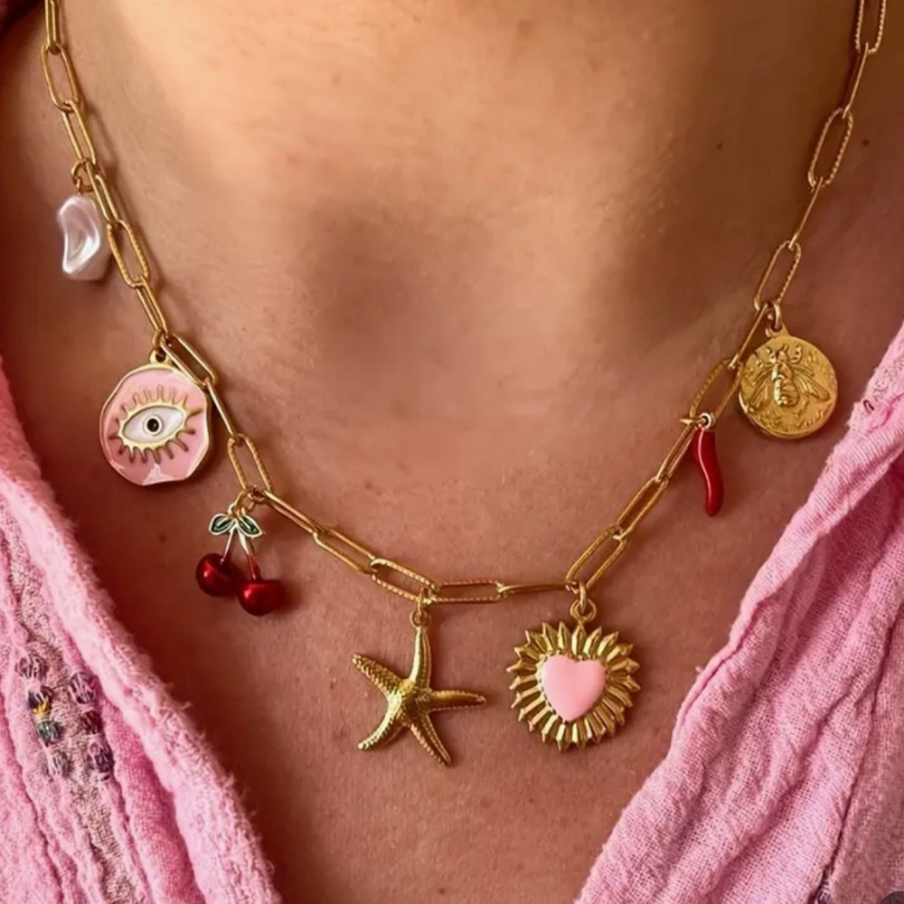Gold Paper Clip Charm Necklace with Colorful Accents